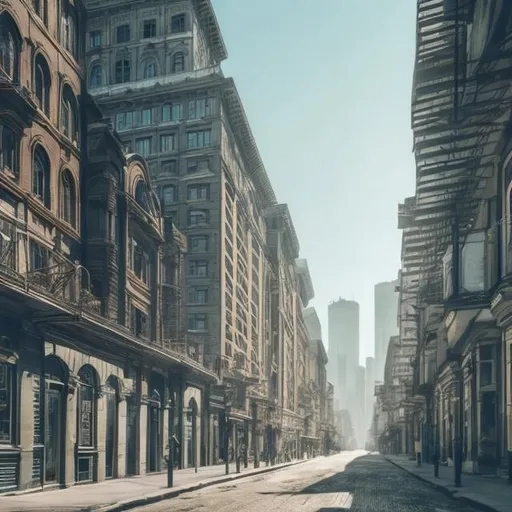 Prompt: tall 1900s buildings city background tall 1900s buildings with road high resolution 4k daytime nice weather light blue sky 