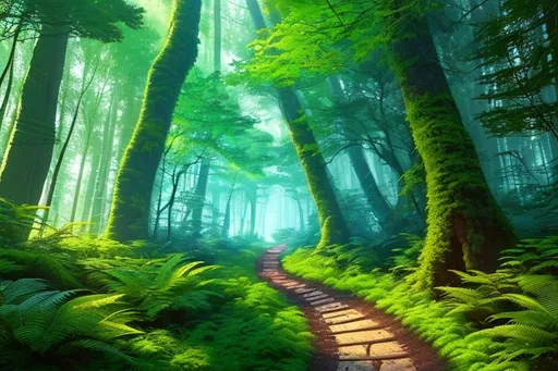 Prompt: a peaceful and bright forest trail, ultra fine details, correct, bright colors, sci-fi, futuristic, UHD, 12K