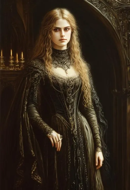 Prompt: galla dress, victorian, piercing eyes, amulet, "Luis Royo", vampire, oil painting, dress, very big eyes, high quality, beautiful, female wizard queen, sultry,  clear visible face,  dark fantasy, Phoebe Tonkin, Alexandra Daddario, Ariana Grande, Natalie Portman, Nicole Kidman