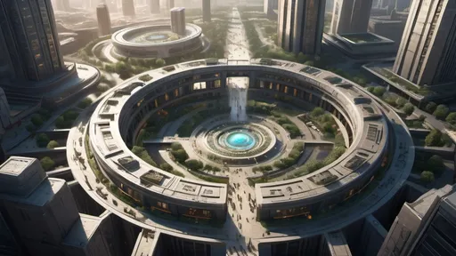 Prompt: human-scale circular portal, portal between different cities realms worlds kingdoms, ring standing on edge, freestanding ring, hieroglyphs on ring, complete ring, obelisks, futuristic towers, garden plaza, hotels, office buildings, shopping malls, large wide-open city plaza, elevated view, futuristic cyberpunk dystopian setting