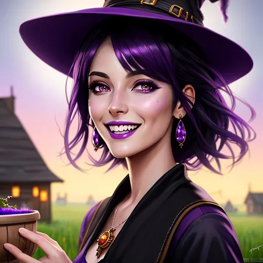 Prompt: head shot, detailed painting, skinny witch, laughing, purple skin, black hair, outdoor, ghosts, HDR, UHD, 64K, highly detailed, studio lighting, Professional, trending on
artstation, harvest moon