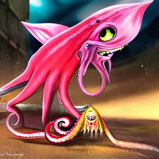 Prompt: Giany Evil squid with large razor sharp tweth rating a cat with its giant teeth