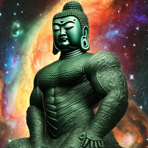 Prompt: tsavorite armored bodybuilding buddha, widescreen, infinity vanishing point, spiral galaxy nebula background
