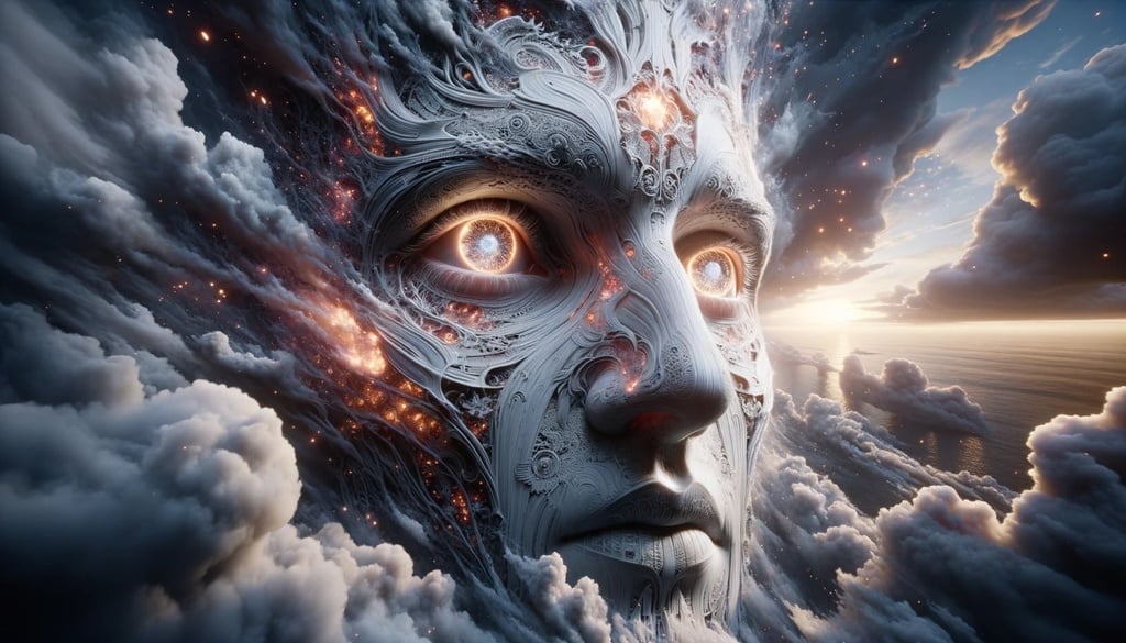 Prompt: Wide depiction of a person's head in intricate detail, eyes aglow with an ethereal light. The image quality mirrors a 2021 cinematic 4k frame, set against a dramatic sky that seems to fracture. Ornate patterns adorn the figure, and floating embers drift in the atmosphere. The rendering, achieved with Unreal Engine, mimics the characteristics of a sigma 35mm capture. With an 8k film scan resolution, the artwork feels like a blend of modern technology and classical portraiture from historical epochs.