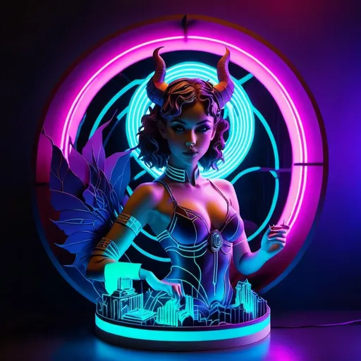 Prompt: a beautiful female demon in a dynamic pose in a retro futuristic synthwave cyberpunk neon paradise.  neon lighting, high quality, beautiful, synthwave, cyber, retro, futuristic