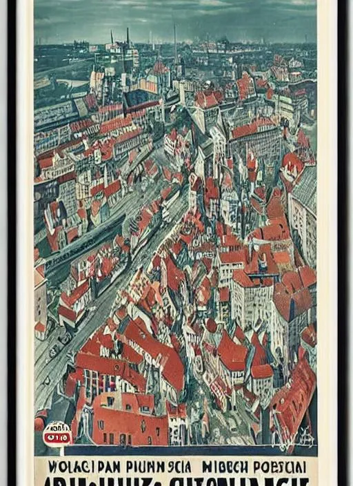 Prompt: a poster of a Polish city in 1945 after world war 2 finished in high quality 