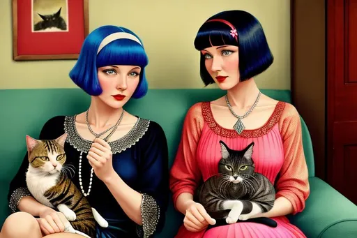 Prompt: Rancho Relaxo 1928 two middle aged flapper women in love with their cats, technicolor 