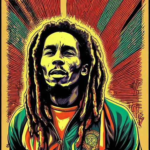 Prompt: Retro comic style artwork, highly detailed Bob Marley, comic book cover, symmetrical, vibrant