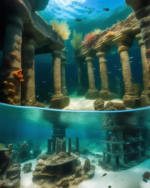 Prompt: An underwater image of the legendary sunken city of Atlantis, with ornate ancient pillars, arches and statues covered in coral and sea plants swaying gently in the currents. Schools of bright tropical fish swim through the ruins. Shot with a Canon 5Ds in an underwater housing, using a 16-35mm wide angle lens and strobes to illuminate the scene. The lighting rays down through the blue water, casting an otherworldly glow over the long lost city. The mood is haunting yet beautiful, like discovering a shipwreck. In the style of Alphonse de Neuville.
