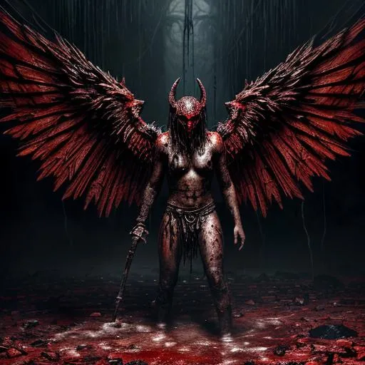 Prompt: An ancient tattered winged demon, emerging from a bloodbath, dripping wet, detailed scene, digital painting, glowing red eyes, smokey, foggy, hyperrealistic, fantasy, Surrealist, artstation, highly detailed, sharp focus, wide angle shot, sci-fi, stunningly beautiful, dystopian, cinematic lighting, dark fantasy, hell