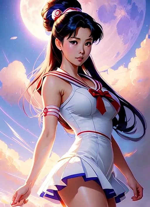 Prompt: Tomomi Morisaki as sailor moon professional portrait by greg rutkowski, wide trick woman, dynamic pose, matte painting, intricate, fantasy concept art, elegant, by stanley artgerm lau, wlop, golden ratio, thomas kindkade, alphonse mucha, loish, peter chung, norman rockwell, studio lighting, trending on artstation