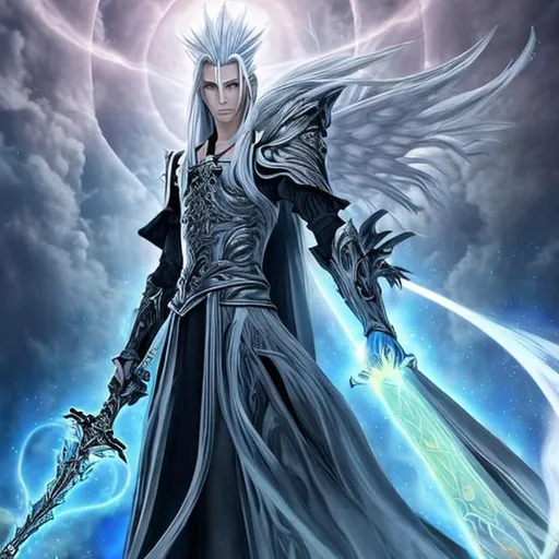 Prompt: In his eightieth-dimensional form, Sephiroth is an ethereal being adorned in cosmic radiance. Silver hair, mesmerizing eyes, and an aura of celestial energy define his enigmatic presence. Clad in regal attire, he wields a celestial sword, crackling with otherworldly power