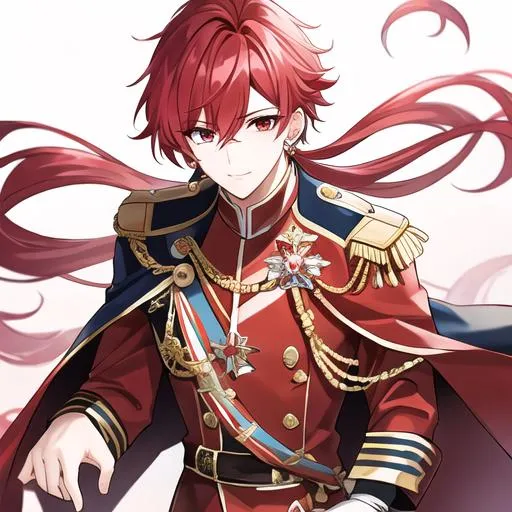 Prompt: Zerif male (Red half-shaved hair covering his right eye) 4k, wearing a royal uniform