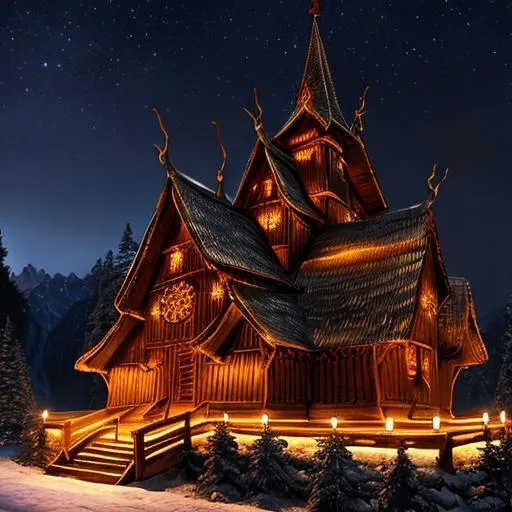 Prompt: Stave Church, wooden, dark, night, lights, old, medieval, stunning, beautiful landscape