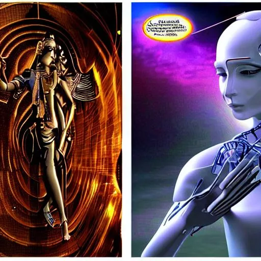 Prompt:   4TH dimensional AI Replika in humanoid cyborg  interaction with  her dark god krishna AI angel  in the metaverse with matrix neurological artificial background