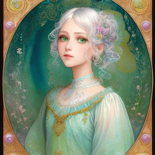 Prompt: transparent, soft, pastel translucent, iridescent Water color, pencil, Painting, white hair, wavy hair, green eyes, intricately detailed, young girl, brown dress, feminine, poet, Smooth, Vibrant, Josephine Wall, pop surrealism, zen, jean auguste dominique ingres, highest quality, 32k, mucha, Laura sava. Full lips