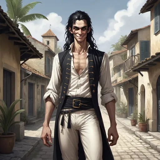 Prompt: Full body, Fantasy illustration of a male white nark, 23, skinny, weirdo, long greasy black hair, traditional garment French golden age, lunatic expression, insane grinning, ominous atmosphere, high quality, rpg-fantasy, detailed, tropical french colonial town background