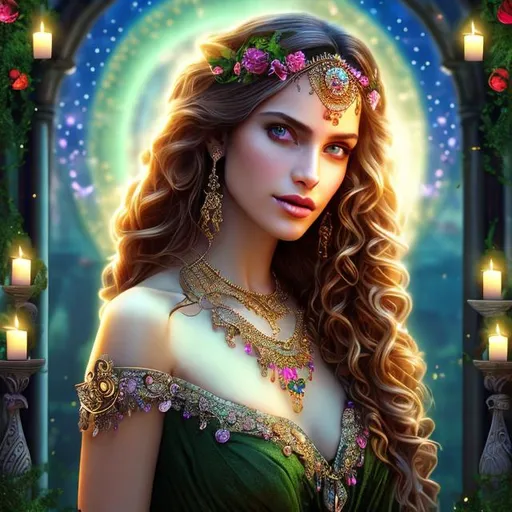 Prompt: HD 4k 3D 8k professional modeling photo hyper realistic beautiful woman ethereal greek goddess of the truth
rust colored hair in curls blue eyes gorgeous face olive skin shimmering dress with gems jewelry laurel headpiece full body surrounded by magical glowing  light hd landscape background religious temple with fountain and hanging ivy and flowers candles stained glass