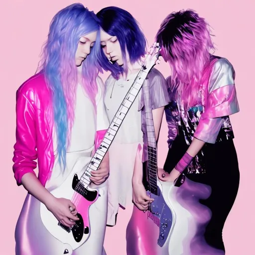 Prompt: Cover for a music album - for 2 sapphic lovers pink silver genderfluid - can’t see face -  guitar music - can’t see face - abstract