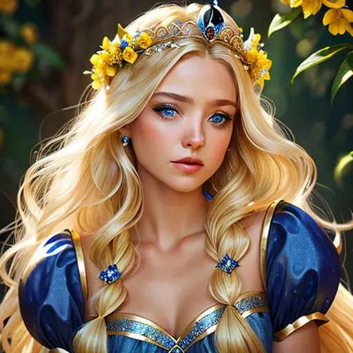 Prompt: Pixie dust princess, long blonde hair, sapphire eyes,  crown of yellow flowers in her hair,  facial closeup