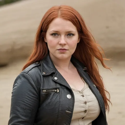 Prompt: archaeologist, woman, 30 years old, 1930, red hair, long hair, very curvy, fat body, 30 years old, 1930, short stature, half-length, very defined face, light eyes, leather jacket and linen shirt, large chest