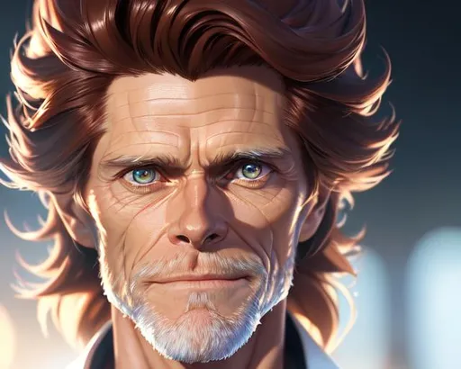 Prompt: Closeup face portrait of a {Willem DaFoe}, smooth soft skin, big dreamy eyes, beautiful intricate colored hair, symmetrical, anime wide eyes, soft lighting, detailed face, by makoto shinkai, stanley artgerm lau, wlop, rossdraws, concept art, digital painting, looking into camera