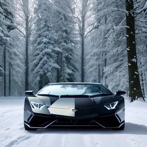 Black Lamborghini In Snow In A Forest With A Light B 