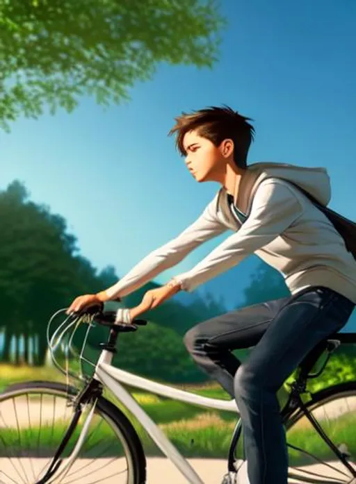 Prompt: Sideview 12 year old young Boy lightbrown hair wearing a white tanktop and dark gray darkblue worn baggy longsleeve hoodie black jeans lightbrown shoes riding his bicycle rural area, house, trees in background two magpies, art, concept art, artstation, cinematic composition, dynamic angle,  close up face side midday beautiful nature colors blue sky