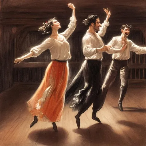 Prompt: three dancers spinning around in a dance hall in the style of J.G. Posada