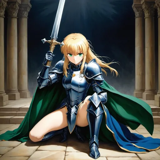 Prompt: Reference the anime series Fate/Zero and the character Saber also known as Artoria Pendragon. Depict the scene of Saber with her long golden blonde hair and her emerald green eyes gleaming. Saber's dressed in her armor holding the sword Excalibur above her head after just pulling it from the stone. Her blue cape is fluttering in the wind as ten onlookers on bended Knee pay homage to her. Landscape, oil-on-canvas masterpiece by Michelangelo, dramatic, dark background