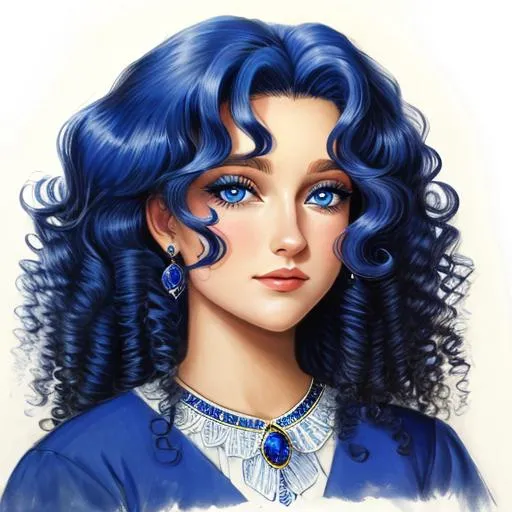 Prompt: a woman with long, very curly hair, sapphire blue eyes