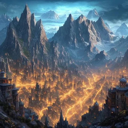 Prompt: A fantasy realistic city of high mountains and a bright city from the fantasy relm