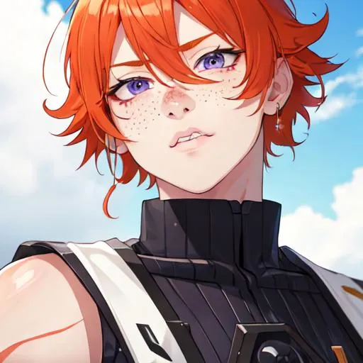 Prompt: Erikku male (short ginger hair, freckles, right eye blue left eye purple) muscular, UHD, 8K, Highly detailed, insane detail, best quality, high quality. blowing a kiss