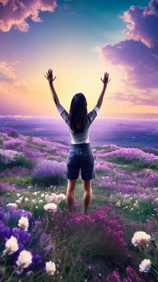 Prompt: back of a woman with her hands up in the sky in a field with purple and white flowers, distant city in the background, contemporary style