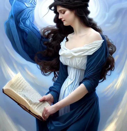 Prompt: philomena, patron saint of mental health, beautiful, dark hair, long hair, blue and white dress, sleeve, bible, gorgeous, amazing, elegant, intricate, highly detailed, digital painting, artstation, concept art, sharp focus, illustration, art by artgerm and greg rutkowski and alphonse mucha