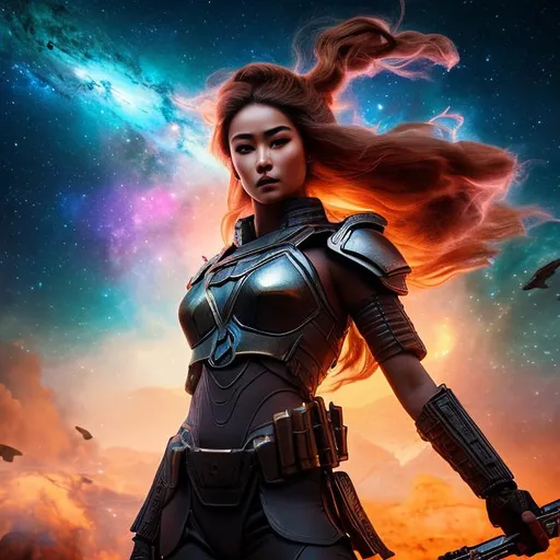 Prompt: create a photograph of beautiful fictional elite female soldier goddess fighting in war , extremely, detailed environment, detailed background, planets an nebulae in sky highly detailed, intricate, detailed skin, natural colors , professionally color graded, photorealism, 8k, moody lighting


