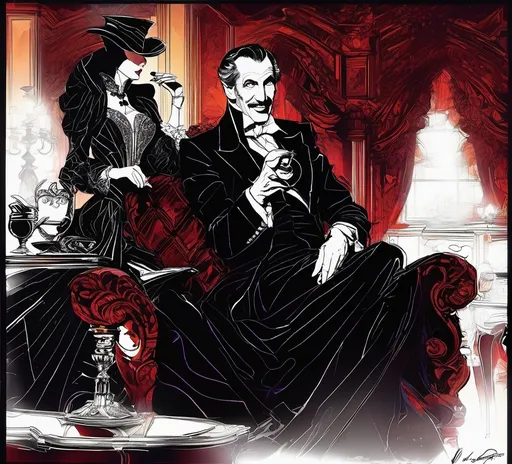 Prompt: (Vincent Price as Van Hellsing conversing with Peter Cushing as Count Dracula), Black and White pen and ink sketch style, dark color scheme, elegantly gothic attire, intricate details, dim lighting, dramatic shadows, opulent background, luxurious textures, ornate furniture, deep reds and blacks, baroque patterns, solemn atmosphere, rich color tones, dark romanticism, ultra-detailed, 4K, photorealistic masterpiece, timeless elegance.