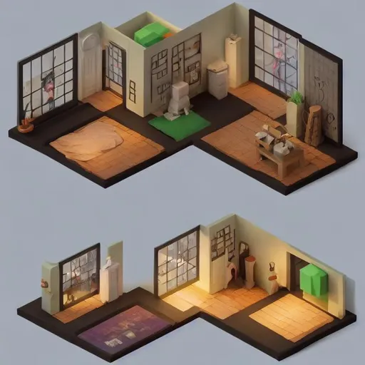 Prompt: Create a 3D render of a tiny, cute, dark academia aesthetic isometric room, using the Stable Diffusion 1.5 style. The room should be set inside a cutaway box to give the illusion of depth. The lighting should be soft and smooth, casting a warm glow throughout the room. Use soft dark academia-themed colors for the walls, floors, and any other surfaces in the room. To capture the details of the space, use a 100mm lens in your 3D blender software. 