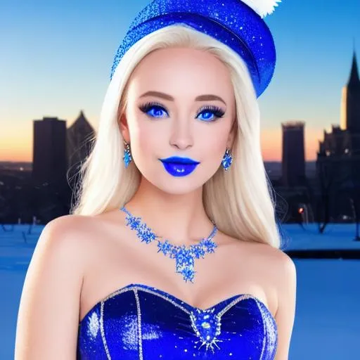 Prompt: Ice Queen Kayleigh McEnany, Elsa, eating blue ice cream in winter palace, blue lipstick, city skyline, windy and snowing, blue heart necklaces, Large frozen Ball Gown, pleasant face, blue eyes, Black-purple eyeshadow, Sugar Hat, extremely large ice earrings. Cold color scheme, ultradetailed, 8k resolution, perfect, smooth, high quality, shiny. 