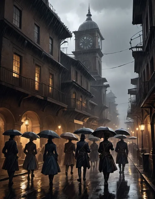 Prompt: Chiaroscuro, 8k, a digital painting of a clockwork city, people in civil war clothes and dresses walking around, heavy rain, 