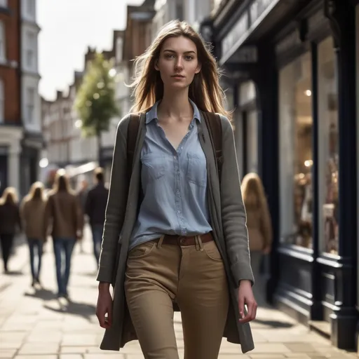 Prompt: Tall young woman walking down the high street, detailed clothing, realistic, natural lighting