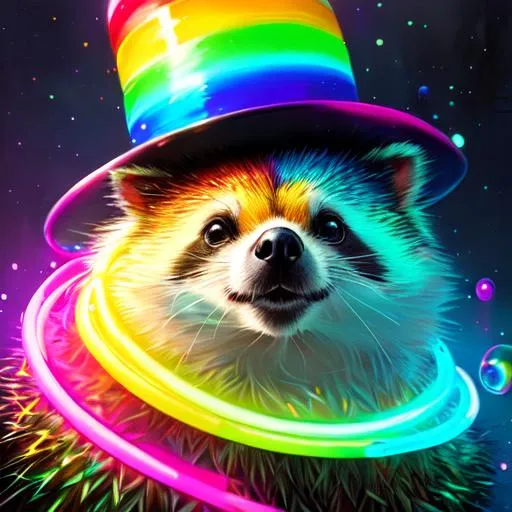 Prompt: fantasy oil painting (((colorful fat porcupine))) (((wearing tophat))) (((bubbles))) (((neon))) cyberpunk surreal,) Disney, pixar, (rainbow), space, illustration, neon, high detail, intricate, elegant, by Jeremy Mann, artgerm, Rutkowski, and other illustrators, intricate details, face, full body portrait, headshot, illustration, UHD, 4K