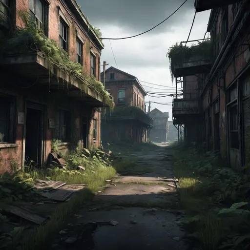 Prompt: Post-apocalyptic village, overgrown with nature, abandoned buildings, desolate streets, gritty and weathered textures, decaying structures, intense and moody atmosphere, high quality, last of us video game style, dark and somber tones, dramatic lighting, detailed vegetation, hauntingly beautiful, atmospheric, intense and eerie ambiance