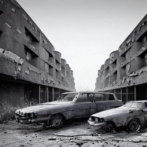 Prompt: Real photo of a twins Buildings, brutalism architecture, in post-apocalyptic town with wolves and old cars, photorealistic, 8k