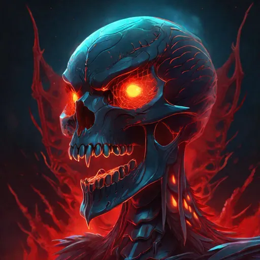 Prompt: Headshot of A mythical bioluminescent skeleton of a phoenix that is glowing, evil, scary, creepy, terrifying, dripping red web, huge blood moon, beneath the stars, highres, best quality, concept art