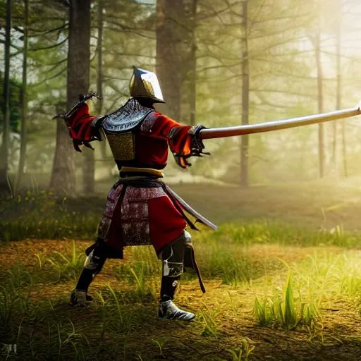 Prompt: Hyper realistic image of warrior, anime, warm feeling, sunny day, samurai armour, misty forest setting , 8k, hyper realistic, unreal engine 5 