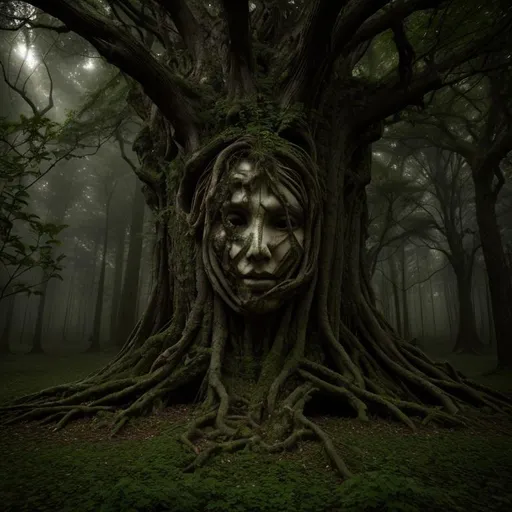 Prompt: tree with a human face in a large ancient forest overgrown with magic ruins ambiance