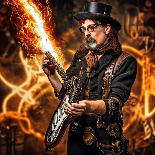 Prompt: A steampunk man playing a stratocaster with fire in the backgorund