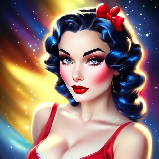 Prompt: a hyper realistic glamorous pin-up style Snow White, edgy, playful, whimsical, magical, elegant, alluring, sensual, high quality, high resolution, high detail, 32k resolution, strong use of color, canary yellow, crimson red, sky blue