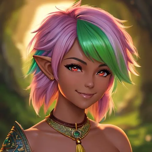 Prompt: oil painting, D&D fantasy, tanned-skinned-gnome girl, tanned-skinned-female, short, beautiful, short bright green and pink hair, twists cut hair, smiling, pointed ears, looking at the viewer, Wizard wearing intricate wizard outfit, #3238, UHD, hd , 8k eyes, detailed face, big anime dreamy eyes, 8k eyes, intricate details, insanely detailed, masterpiece, cinematic lighting, 8k, complementary colors, golden ratio, octane render, volumetric lighting, unreal 5, artwork, concept art, cover, top model, light on hair colorful glamourous hyperdetailed medieval city background, intricate hyperdetailed breathtaking colorful glamorous scenic view landscape, ultra-fine details, hyper-focused, deep colors, dramatic lighting, ambient lighting god rays, flowers, garden | by sakimi chan, artgerm, wlop, pixiv, tumblr, instagram, deviantart